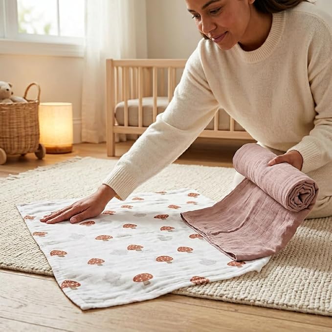 Lulujo Baby Swaddle Blankets | Unisex Softest Breathable Cotton Muslin Swaddle Blanket Set | Neutral Receiving Blanket for Girls & Boys | 40in x 40in | Mushroom & Sand | 2-Count