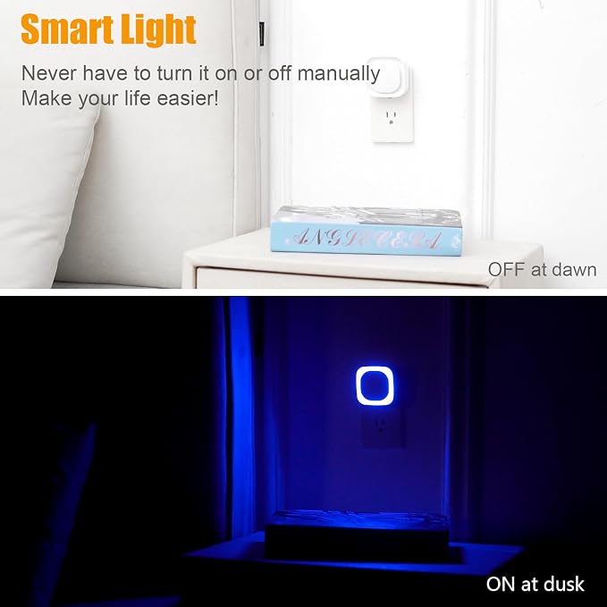 YUNLEX 6 Pack Plug in Blue Night Light, Dusk to Dawn Sensor, LED Nightlight for Mood Lighting, Glare-Free Reflected Light, Dimmable, Auto On/Off Light for Bathroom, Hallway, Gaming Room, Home Decor