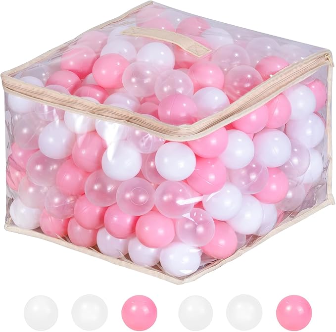 Ball Pit Balls for Toddlers 1-3, 500pcs Crush Proof Plastic Balls for Girls Ball Pit, BPA Free Non-Toxic Play Balls for Baby Pool, Playhouse, Tent, for Dogs & Pets, White, Clear & Pink