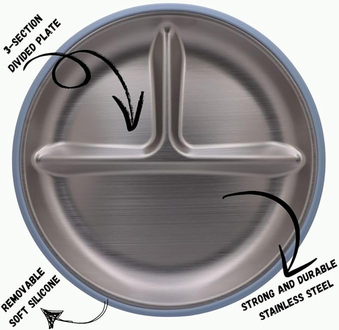 Stainless Steel Suction Plates for Babies & Toddlers ??2 Pack Divided Baby Plates with Strong Suction Base ??Unbreakable Non-Toxic Baby Led Weaning Feeding Set ??BPA Free, Dishwasher Safe