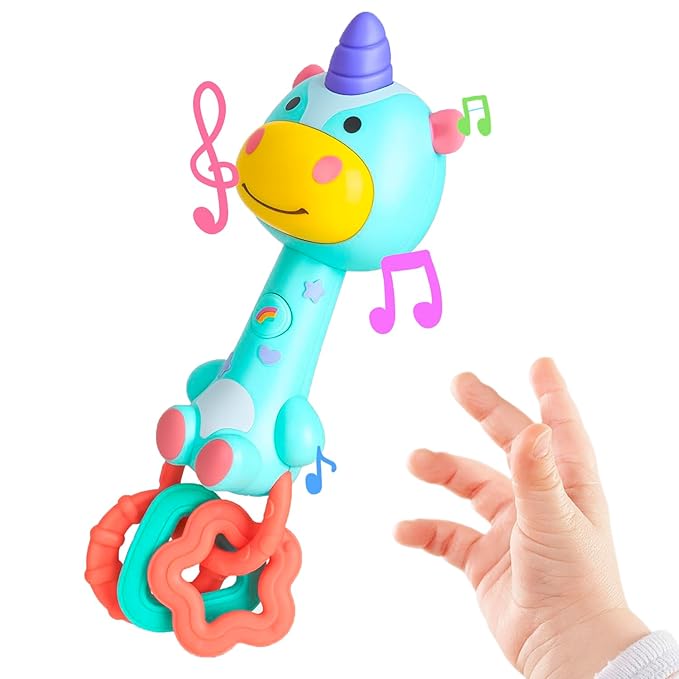 Cute Unicorn Baby Musical Rattle Toy 6-12-18 Months, Light-Up Teether & Sensory Chew Rubber 1st Birthday Gift for 1+ Year Old Boys Girls (Unicorn)