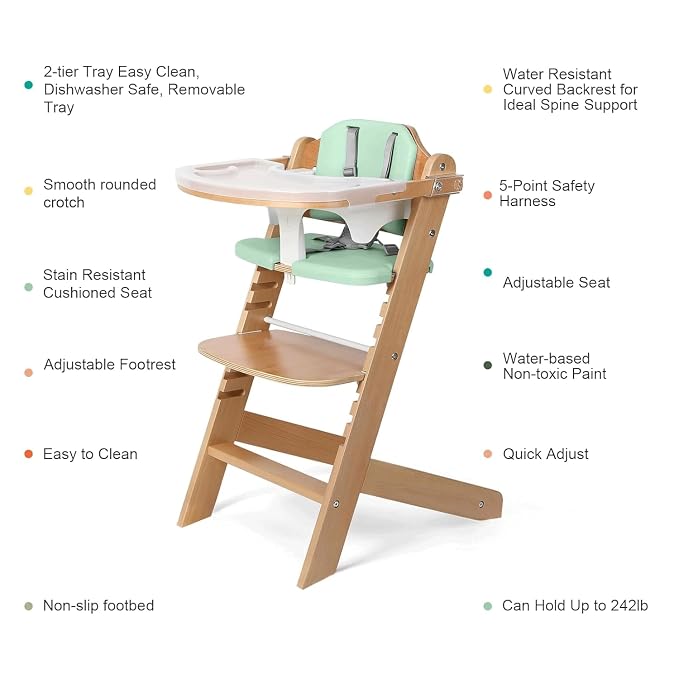 Cowiewie 3-in-1 Convertible Natural Wooden High Chair for Babies & Toddlers 3-Tier Remove & 2 Adjustable Wood Tray & 8 Levels Adjustable, 2 Waterproof Cozy Cushions Green