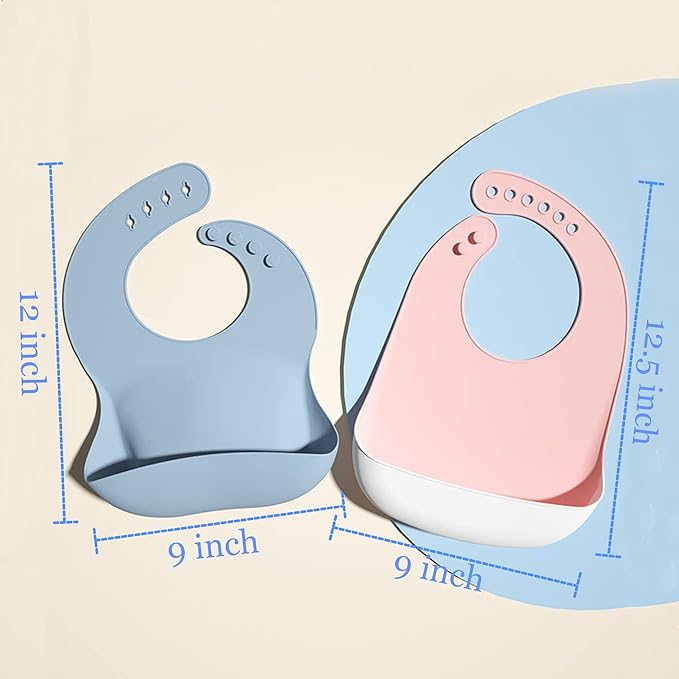 Silicone Bibs for Babies and Toddlers 2 Sets Feeding Bibs for Boy and Girl, Adjustable Soft Waterproof Bibs