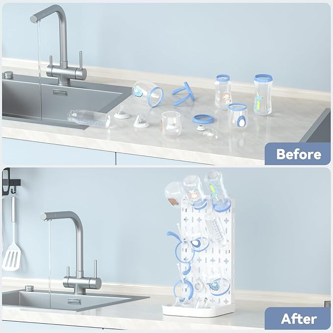 Baby Bottle Drying Rack Baby Bottle Holder Space Saving Bottle Dryer Rack Station Countertop Storage Organizer 12 Travel Bottle Drying Rack Vertical Breast Pump Part Plastic Bag Cup Dryer Tower White