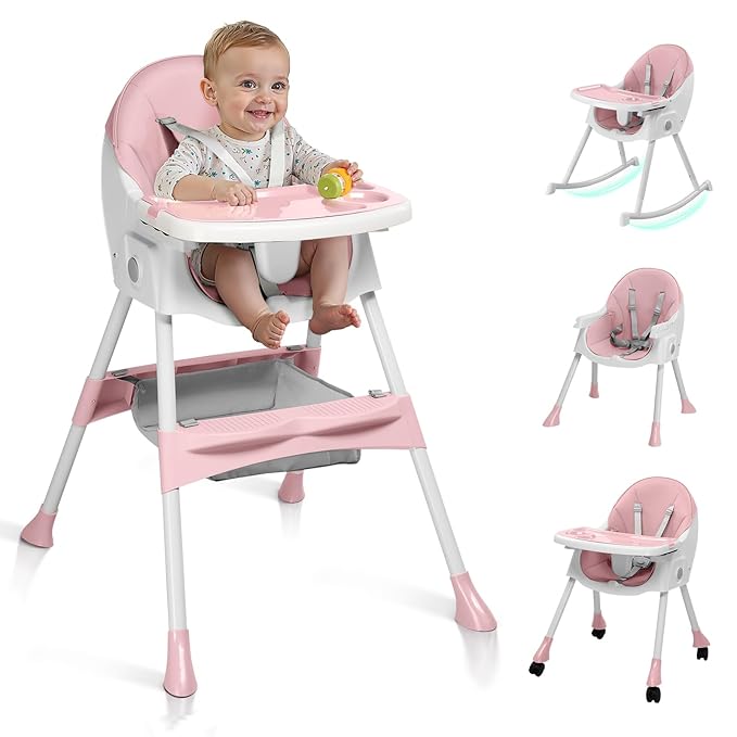 Ktaxon Baby High Chair, 6-in-1 Portable Feeding Rocking Seat with Adjustable Backrest, Removable Tray and 5-Point Safety Harness, Travel Folding Highchair for Toddlers & Babies, Pink