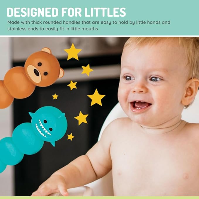 melii Toddler and Kid Feeding Spoon & Fork Set, Stainless Steel ??Bulldog, Cat, Shark, Bear??BPA Free, Dishwasher safe (Bear & Shark 4pc)