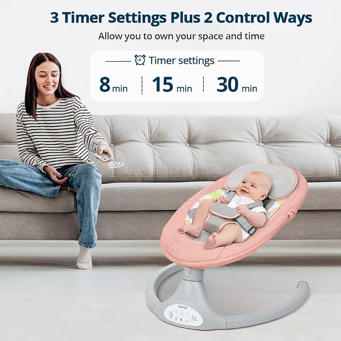 Bioby Baby Swing for Infants with 5 Natural Sway Speeds, Portable Bt Music Baby Swing with Remote Control & 5-Point Harness, Lightweight Baby Rocker for 5-20 Lb,0-12 Months Pink