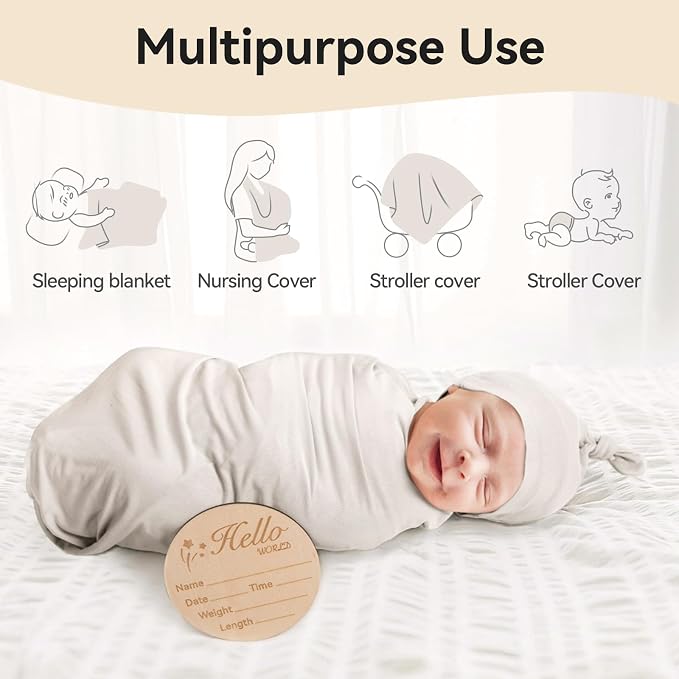 Rayon Made from Bamboo Newborn Swaddle Blanket Set with Matching Beanie, Super Soft Stretchy Baby Clothes Outfit for Girl Boy, Receiving Blankets Newborn Essentials, 47 x 47 Inch