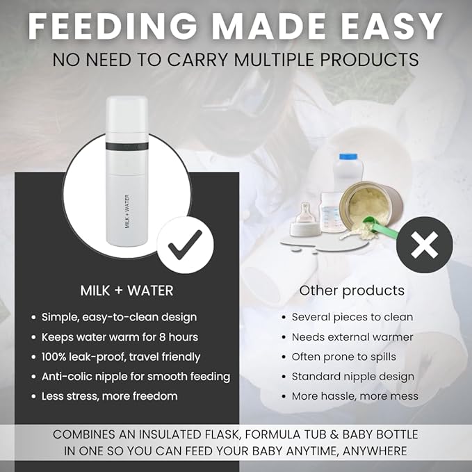 MILK & WATER All in One Baby Bottle & Baby Formula Dispenser On the Go, 9oz - Keeps Water Warm & Formula Fresh - Baby Formula Mixing Bottle with Anti Colic Nipple - Leak-Proof - 6+ Months (White)