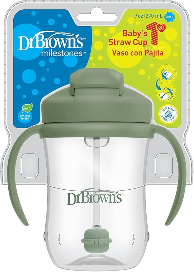 Dr. Brown's Milestones Baby's First Straw Cup, Training Cup with Weighted Straw, 9 oz/270 mL, BPA-free, 6m+, Olive Green, 1-Pack