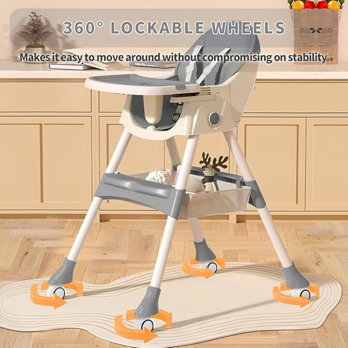 High Chairs for Babies and Toddlers, 4 in 1 Convertible Baby High Chair, Portable High Chair for Travel with Adjustable Height and Back, Foldable HighChair with Wheels& Pu Cushion (Grey)
