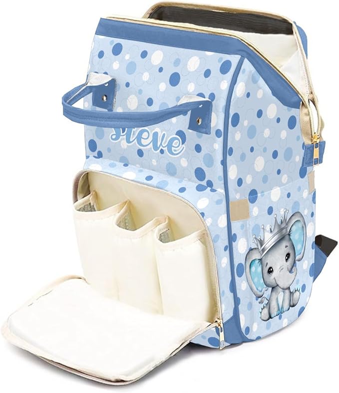 Cute Elephant Large Personalized Diaper Bag Backpack for Baby Boy with Name, Thermal Pockets, Waterproof Custom Baby Bags for Boys, Multi-functional Customized Nappy Bag Mom Travel Daypack