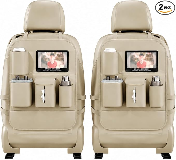 XDV Car Seat Organizers,Multi-functional Back Seat Protectors, Storage Pouches Kick Mats,Child kicking prevention and Tray Holders Tissue Box(for Cars, Kids, Seat Back and Rear Seats) (2, Beige)