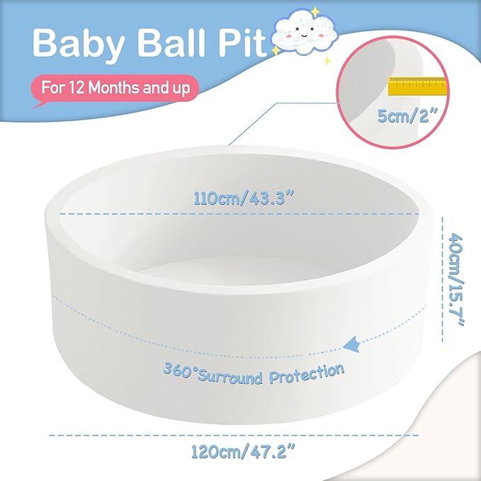 47.2" x 15.7" Foam Ball Pit for Toddlers, Baby Round Balls Pool for Babies 1-3, Kids Play Ball Pits for Boys and Girls, Balls Not Included, White