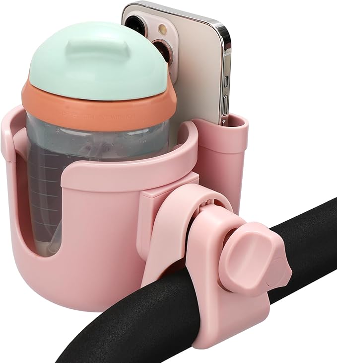 Accmor Stroller Cup Holder with Hook, Bike Cup Holder, Universal Cup Holder for Uppababy Nuna Doona Strollers, 2-in-1 Cup Phone Holder for Stroller Bike Wheelchair Walker Accessory