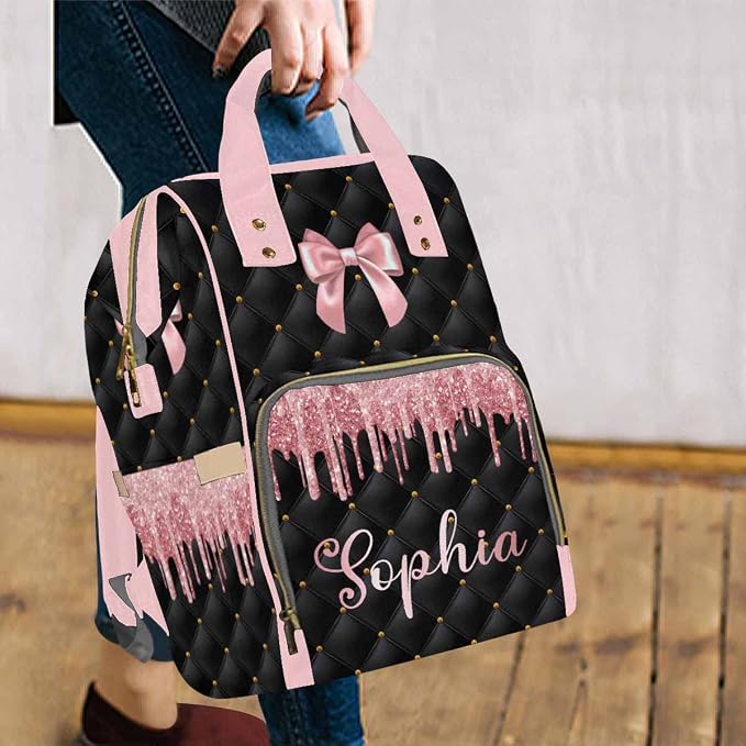 InterestPrint Custom Name Diaper Bag Personalized Pink Glitter Bowknot Nursing Bags Backpack with Name Customized Mummy Nappy Bag Shoulders Bag Casual Daypack Travel Bag for Women Men