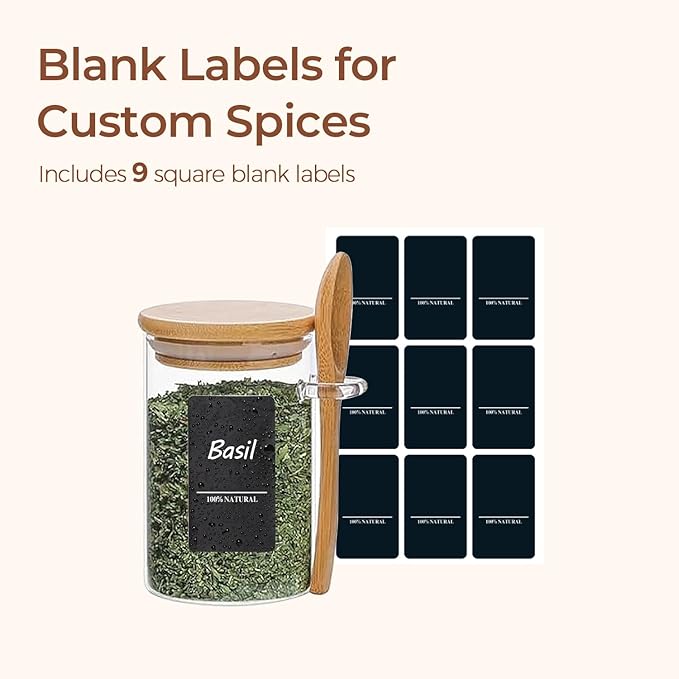 ComSaf Spice Jars with Spoon 8 oz 6Pack, Small Spice Containers Starter Set, Glass Seasoning Jars with Labels, Round Seasoning Containers for Salt, Pepper, Chili Powder, Sugar, Loose Tea Storage