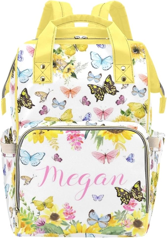 Customized Sunflower Butterfly Diaper Bag for Boys Girls Baby, Personalized Mommy Daypack with Name, Nylon Waterproof Backpack for Travel, Custom Gift for Women