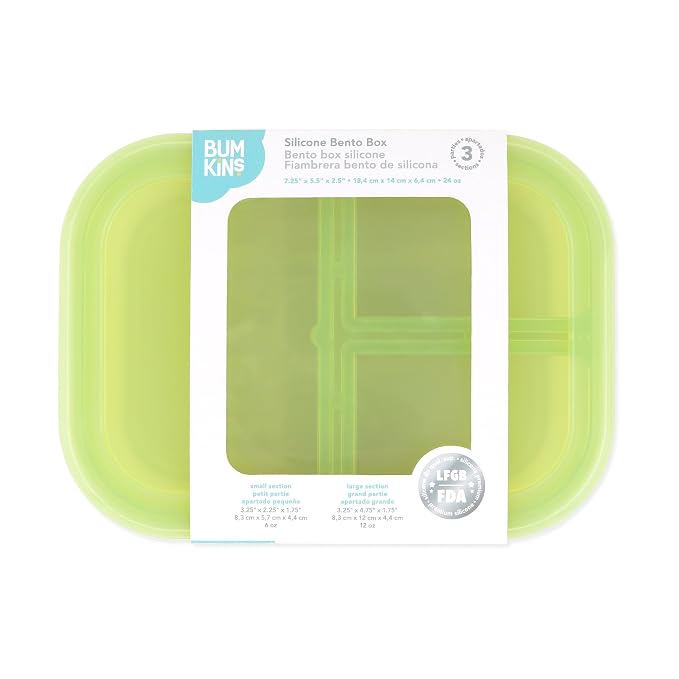 Bumkins Snack/Lunch Bento Box for Kids and Adults, 3 Compartment Container, Leak Proof Lid, for Portioning, Large Section Can Hold Sandwich, Food-Safe LFGB Platinum Silicone, Microwave-Safe, Green