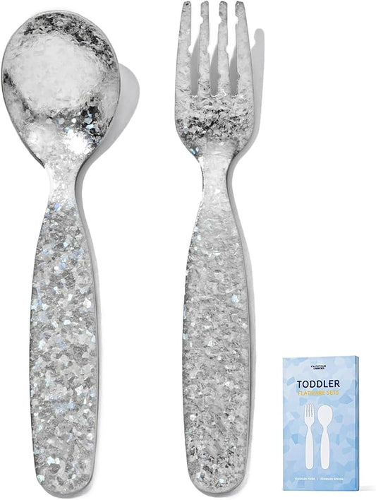 KINGSTONE Pure Titanium Toddler Utensils Set, 2-Piece Fork & Spoon Gift Set, Lightweight Kids Silverware for Self-Feeding Training, Easy Grip, BPA-Free, Dishwasher-Safe, Silver