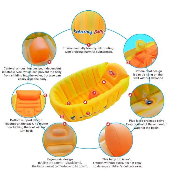 Inflatable Baby Bathtub,Newborn to Toddler Bath Tub with Built-in Air Pump,Portable Travel Shower Basin with Back Support,Foldable Toddler Tub Shower for Kids 0-6 Months(Orange)