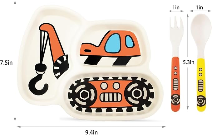 Kids Plate Set - 3-Piece Toddler Dinnerware with Divided Plates & Portion Control - Includes Fork & Spoon (Hook truck)