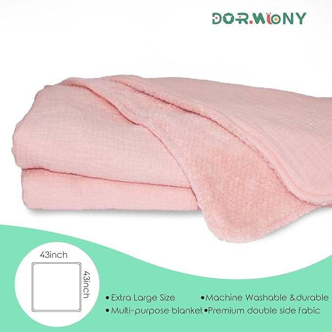 Soft & Breathable Baby Organic Cotton Muslin Blanket with Warm Flannel Lining, Unisex Crib Blanket for Toddlers, Large 43x43 Inches (Pink)