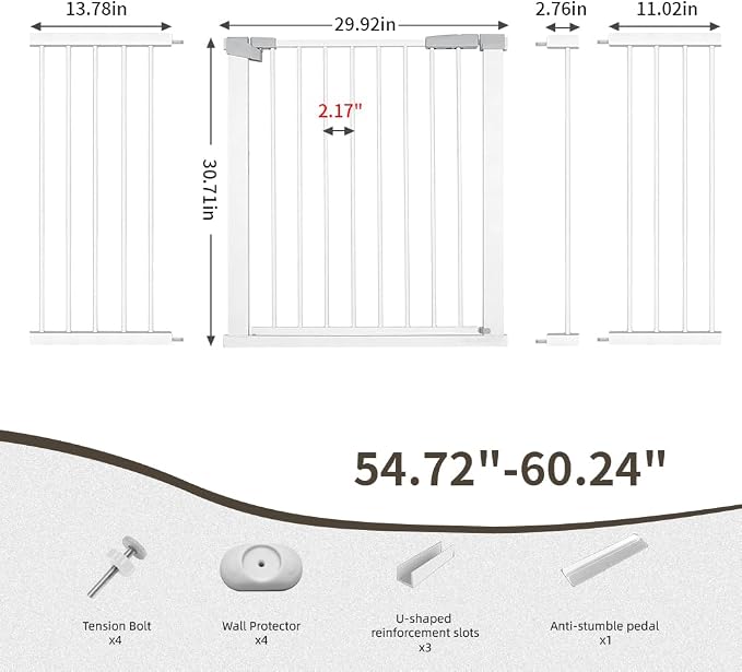 54.7"-60.2" Extra Wide Baby Gate for Doorways Hallways, 30 in Tall Dog Gates with Door No Drill, Auto Close Child Safety Gate for Pet Kid Doggie Cat Proof, Large Long Dog Barrier Indoor House, White
