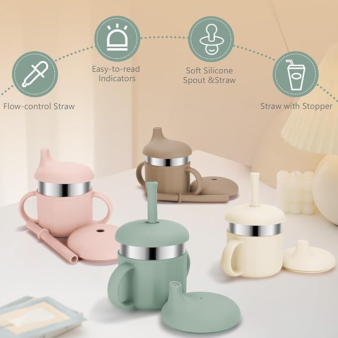 Baby Sippy Cups, 7.4 Oz Stainless Steel Training Cup with Silicone Straws, 3 Stages for Infants Toddlers 6-12 Month and Kids 1-3 Year, 4 Colors