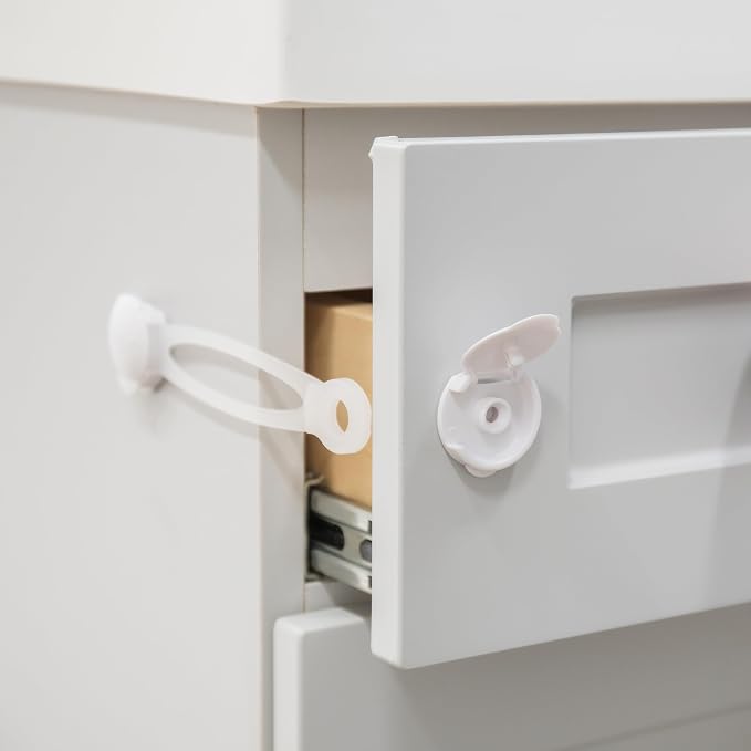 Regalo 3 Pack Child Safety Cabinet Locks, No Drill Adhesive Baby Proofing Latches for Drawers, Fridge and Cabinets, Multi-Purpose 3M Straps, White