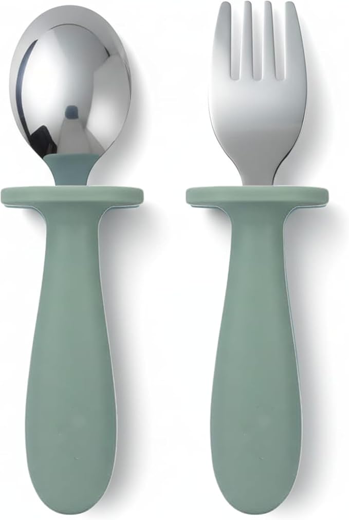 Toddler Stainless Steel Spoon & Fork Set, Non-Slip Silicone Handle, BPA-Free, Self-Feeding (Green Olive)