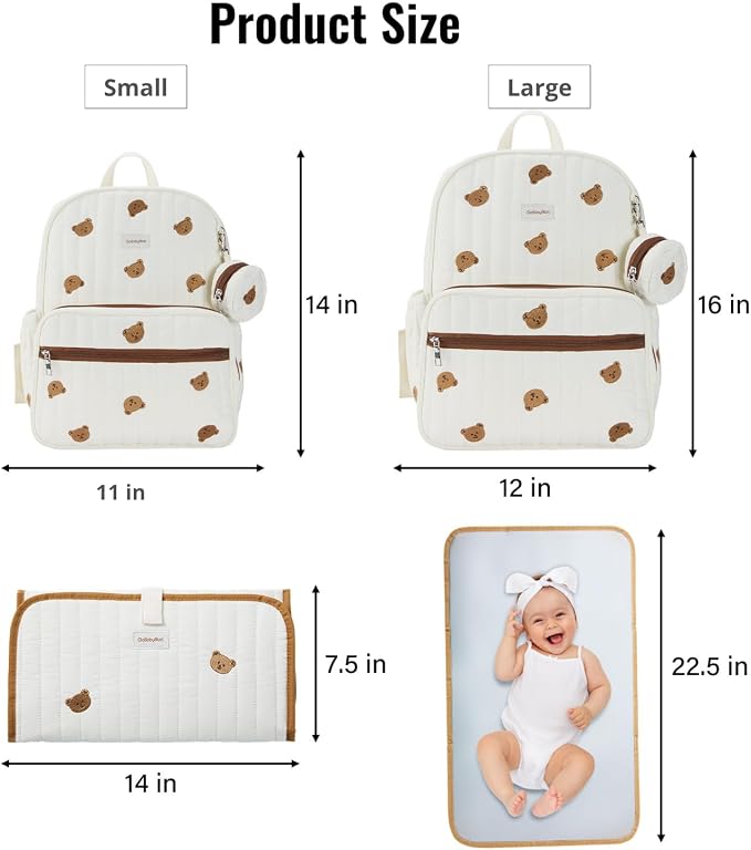 GOBABYMART Large Diaper Bag Backpack with Changing Pad, Insulated Bottle Pockets, Travel & Hospital Bag for Mom & Dad (Small - Beige Bears)