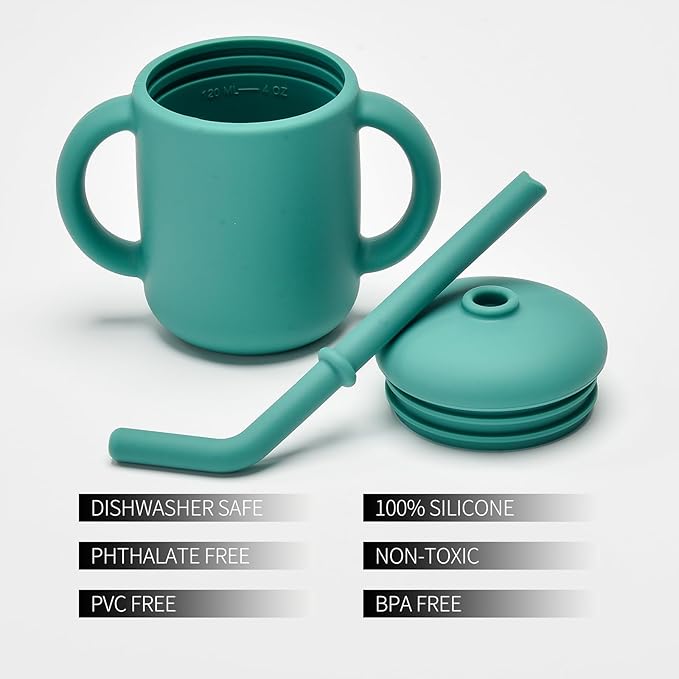 2 Pack 100% Silicone Baby Sippy Cups Tiny Silicone Drinking Training Cup with Handles & Straw for Baby and Toddler (grey，green)