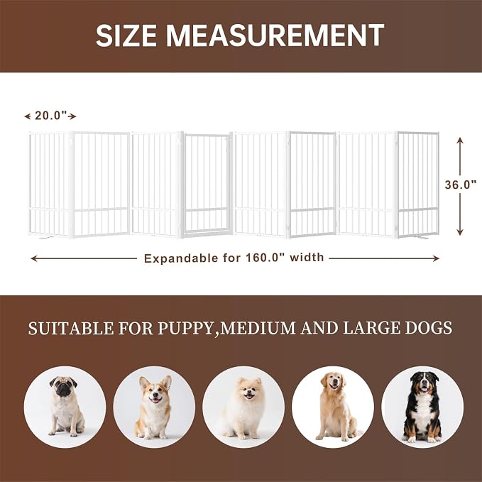 8 Panels Full Metal Freestanding Dog Gates with Door, 160” W x 36” H Folding Pet Gate Fence with Support Feet for Indoor,Stairs, Hallways and Doorways(White)