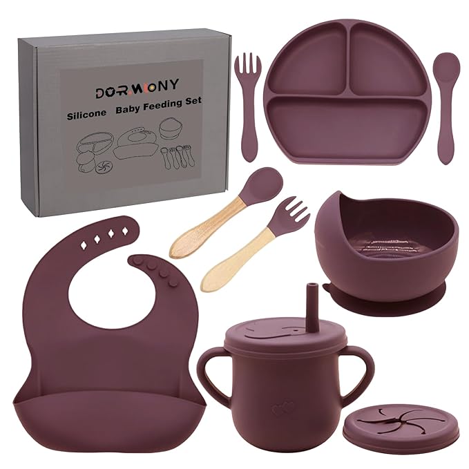 100% Silicone Baby Feeding Set, BPA Free Dishes With Suction Bowl, Divided Plate, Toddler Self Feeding Utensils, Spoons, Forks, Sippy Cup and Bib (Dark Red)