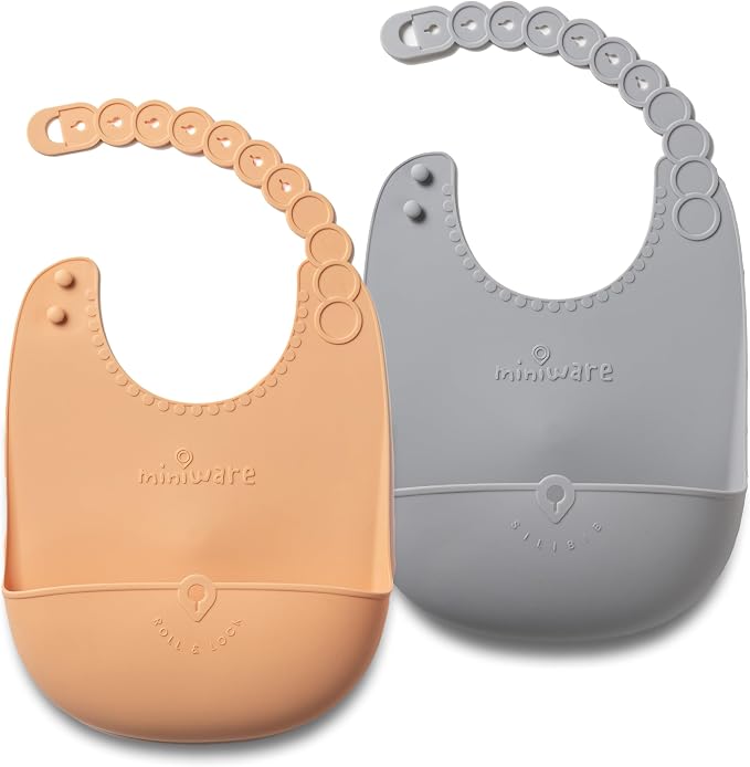 Miniware Roll & Lock Silicone Baby Bib, Easy Mealtime Cleanup - Food-Grade Adjustable Neck Strap and Food Catcher