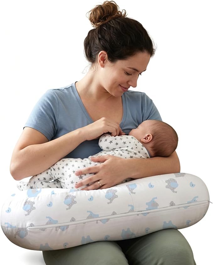 Little Grape Land Ergonomic Nursing Pillow,New Breastfeeding Pillows Support for Mom and Baby,Breathable and Soft with Cute Washable Cover, Multi-Use Feeding Pillow for 0–12 Months, Blue Elephant