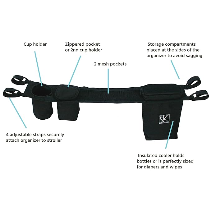 J.L. Childress DoubleCOOL Double Stroller Organizer - Stroller Accessory with Cooler and Storage - Includes Cup Holder, Cell Phone Pocket and Zippered Compartments - Black