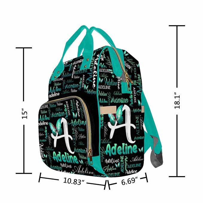 InterestPrint Personalized Diaper Bag with Name Custom Blue Green Butterfly Monogram Diaper Bag Customized Logo Text Shoulder Bag Nursing Bags Casual Daypack Bag for Sister BFF Shopping Present