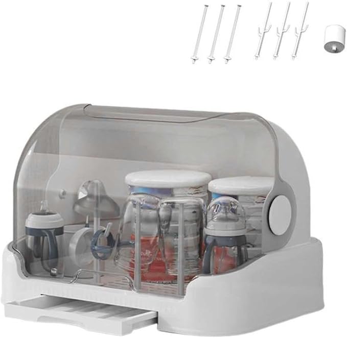 Baby Bottle Drying Rack with Lid Baby Bottle Storage with Removable Drain Tray Space Saving Baby Bottle Rack Dryer Reusable Bottle Rack Holder for Baby (E, 40 * 29 * 27CM)