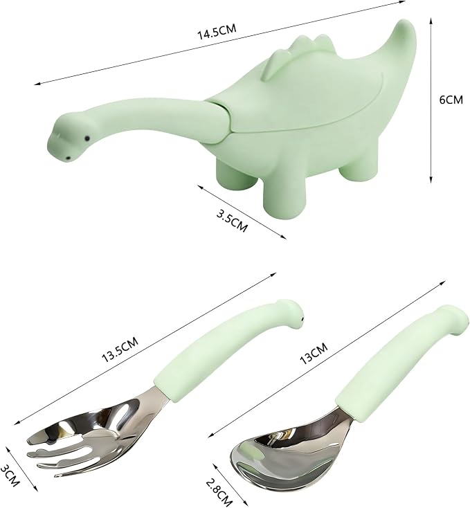 Baby Toddler Fork and Spoon Utensil Set, 4 Pack, Green Dinosaur | Silicone, Stainless Steel, Dinosaur