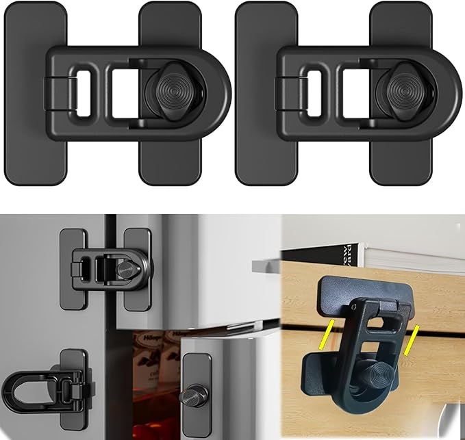 Child Safety 2-Pack Refrigerator Lock Baby Proofing for Cabinet Door Drawer Cupboard Freezer Oven Closet, 90 Degree Fridge Latches for Toddler Cat Dog Kitchen, No Drill Upgraded Adhesive