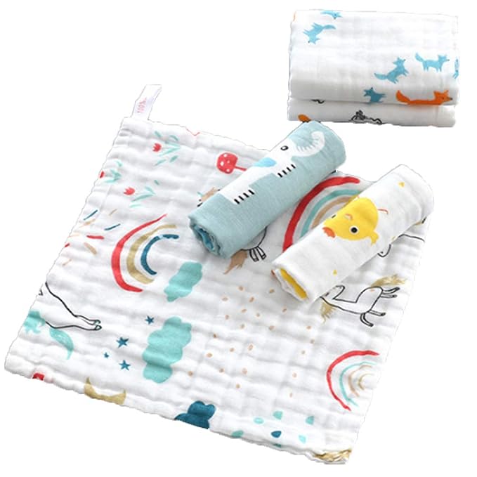 6 Layers of Baby Washcloths Natural Muslin Cotton with Cartoon Printed Design, Newborn Baby Face Towel Perfect Gifts Set of 6, Extra Soft, Breathable, 10x10 Inches (Rainbow Horse)