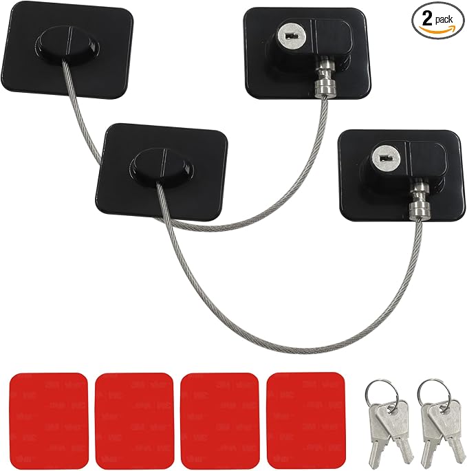 2 Pack Refrigerator Lock, Child Safety Locks with Keys, Easy Install Plastic Latches with Adhesive Backing, for Fridge, Cabinet, Drawer Childproofing, Blcak