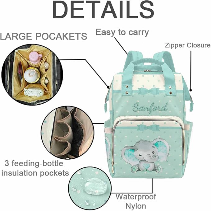 M YESCUSTOM Custom Mommy Bag with Name Personalized Cut Animal Diaper Bag Backpack Customized Green Bag Newborn Gift Indoor Outdoor Use