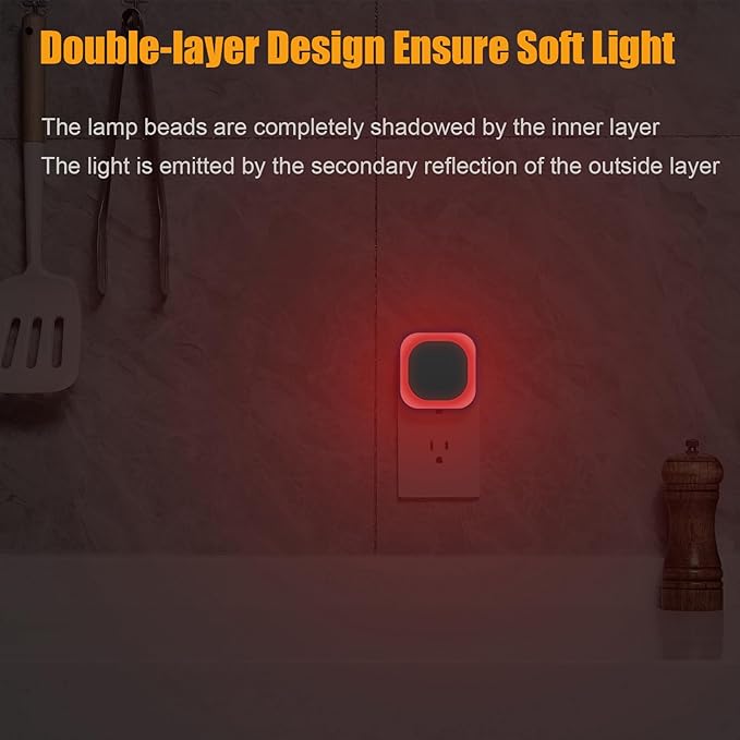 YUNLEX 6 Pack Red Night Light with Dusk to Dawn Sensor, Eye-Care Reflected Glow, 0% Blue Light True Red LED, 3-Level Brightness, Auto On/Off, Plug-in Nightlight for Sleep, Kids, Bedroom, Bathroom