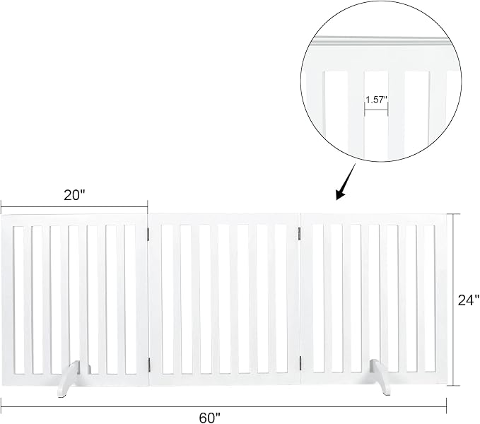 24" Height Dog Gate Pet Gate Foldable with 2PCS Support Feet, 3 Panels Dog Fence Wooden Pet Gates for House Doorways Indoor Outdoor Stairs with Rubber Pads White