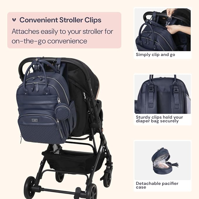 BabbleRoo Leather Diaper Bag Backpack - Baby Essentials Travel Baby Bag, Multi function, with Changing Pad, Stroller Straps & Pacifier Case ??Unisex, Midnight Blue