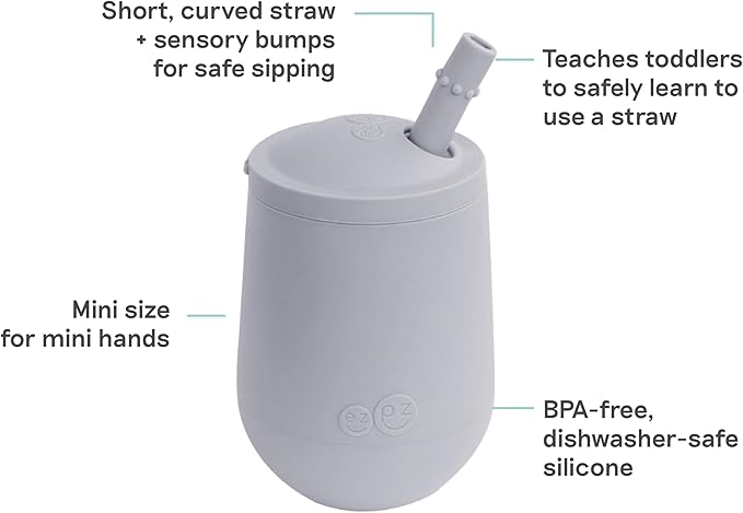 ezpz Mini Cup + Straw Training System (Pewter) - 9 Months+ - 100% Silicone Training Cup for Infants + Toddlers - Designed by a Pediatric Feeding Specialist