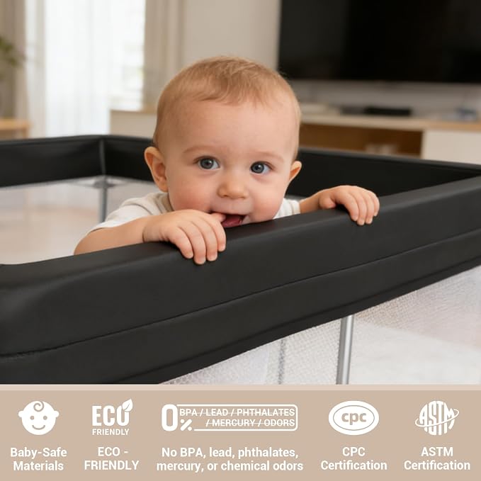 Foldable Baby Playpen with Mat, 50"×50" Collapsible Play Yard for Babies and Toddlers, No Assembly Required, Kids Safety Play Area with 4 Handles, 50 Balls and Visible Mesh, Black